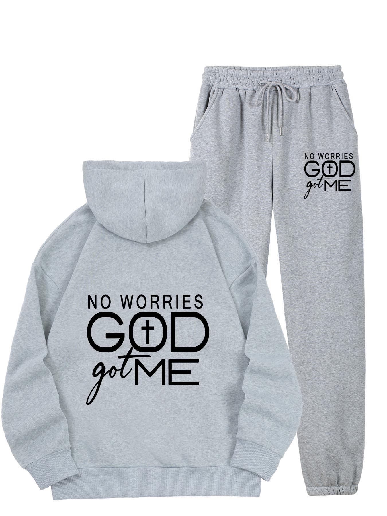 No Worries GOD Got Me Printed Women's Casual Sports Set, Sports Kangaroo Pocket Hoodie Set, Women's 2pcs Warm Set