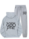 No Worries GOD Got Me Printed Women's Casual Sports Set, Sports Kangaroo Pocket Hoodie Set, Women's 2pcs Warm Set
