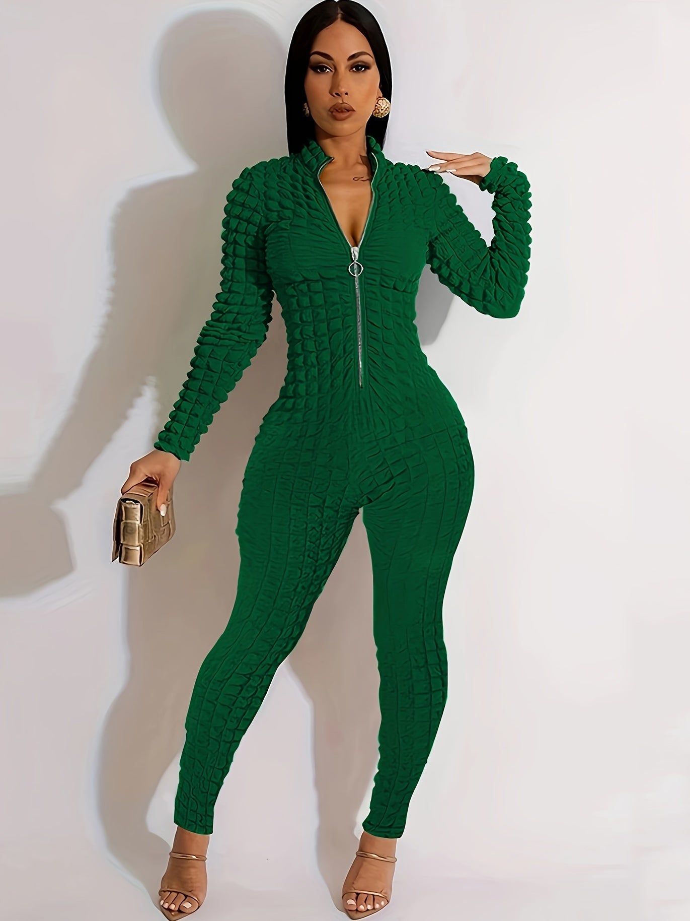 Women'S Solid Color Popcorn Jumpsuit, Polyester 95% Spandex 5% Long Sleeve Crew Neck Knit Fabric, Chain Detail, Regular Sleeve, Spring/Fall Season, 250g/m² Fabric Weight