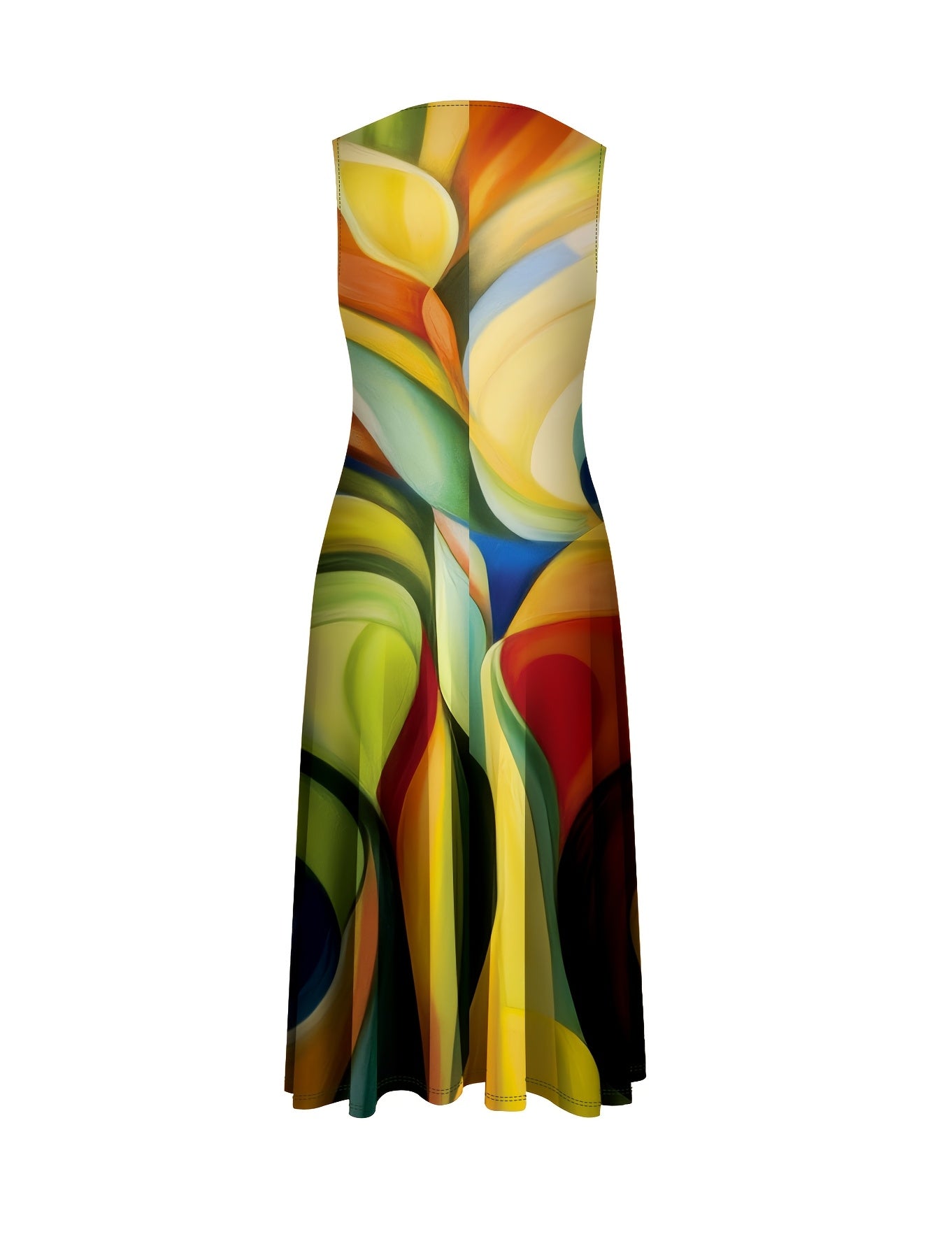 [Elegant Maxi Dress] 1pc Elegant Geometric Abstract Print Polyester Maxi Dress, Sleeveless Round Neck Knit A-Line Long Dress with Umbrella Hem for Women, All Seasons, 100% Stretchy