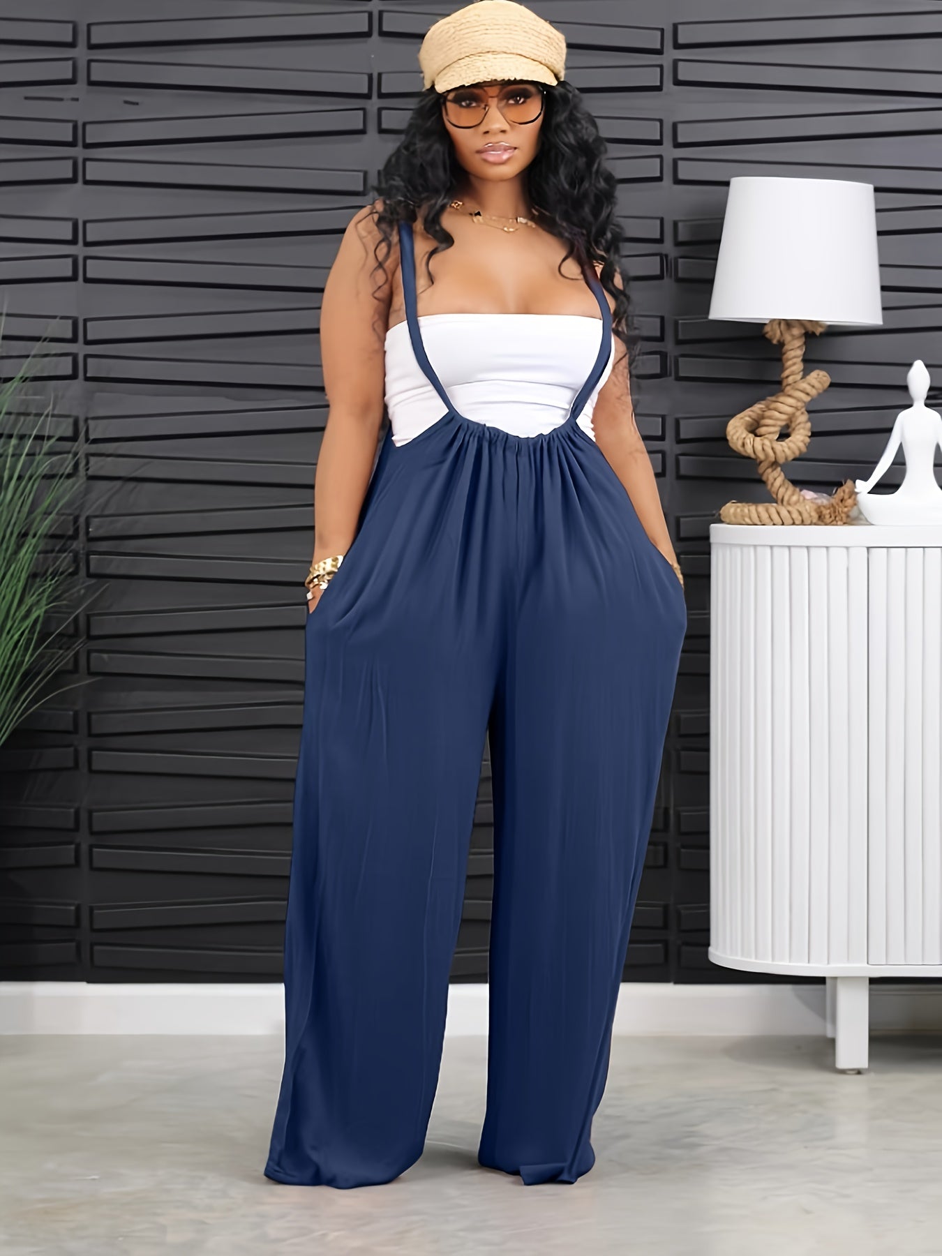 Women'S Elegant Solid Color Strapless Backless Jumpsuit with Pockets - Navy Blue, Long Length, Perfect for Spring/Summer/Fall, Stylish Wide Legs, Casual Attire|Backless Fashion|Chain Strap Detail, Jumpsuit