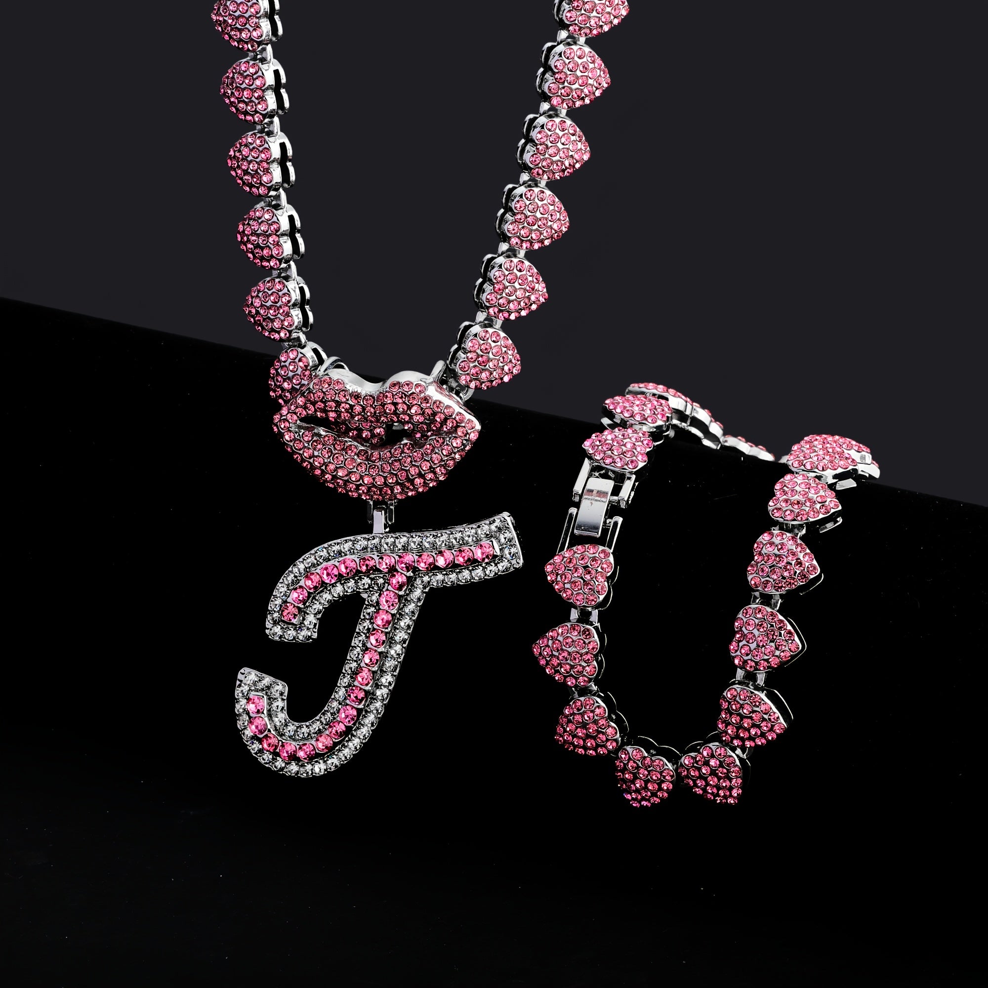 Hip Hop Y2K Style Pink Sexy Lips Pendant Necklace and Bracelet Set, A-Z Initials, Rhinestone Inlay, Zinc Alloy, Perfect for Daily Wear or Parties, Ideal Valentine's Day Gift for Men and Women, Hip Hop Jewelry