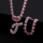 Hip Hop Y2K Style Pink Sexy Lips Pendant Necklace and Bracelet Set, A-Z Initials, Rhinestone Inlay, Zinc Alloy, Perfect for Daily Wear or Parties, Ideal Valentine's Day Gift for Men and Women, Hip Hop Jewelry