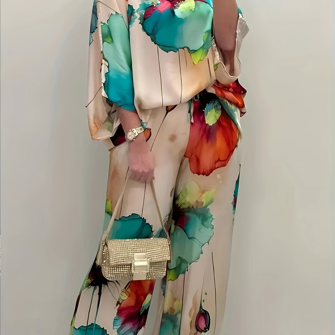 Women's Elegant Floral Print Satin Two-Piece Set: Round Neck Top and Wide Leg Pants