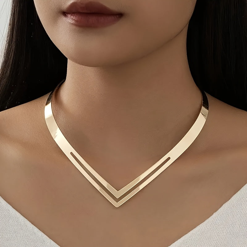 Elegant Double V-Shaped Clavicle Necklace – Minimalist Hollow Pendant, 14K Gold Plated Alloy, Dainty Jewelry for Women, Party & Everyday Wear