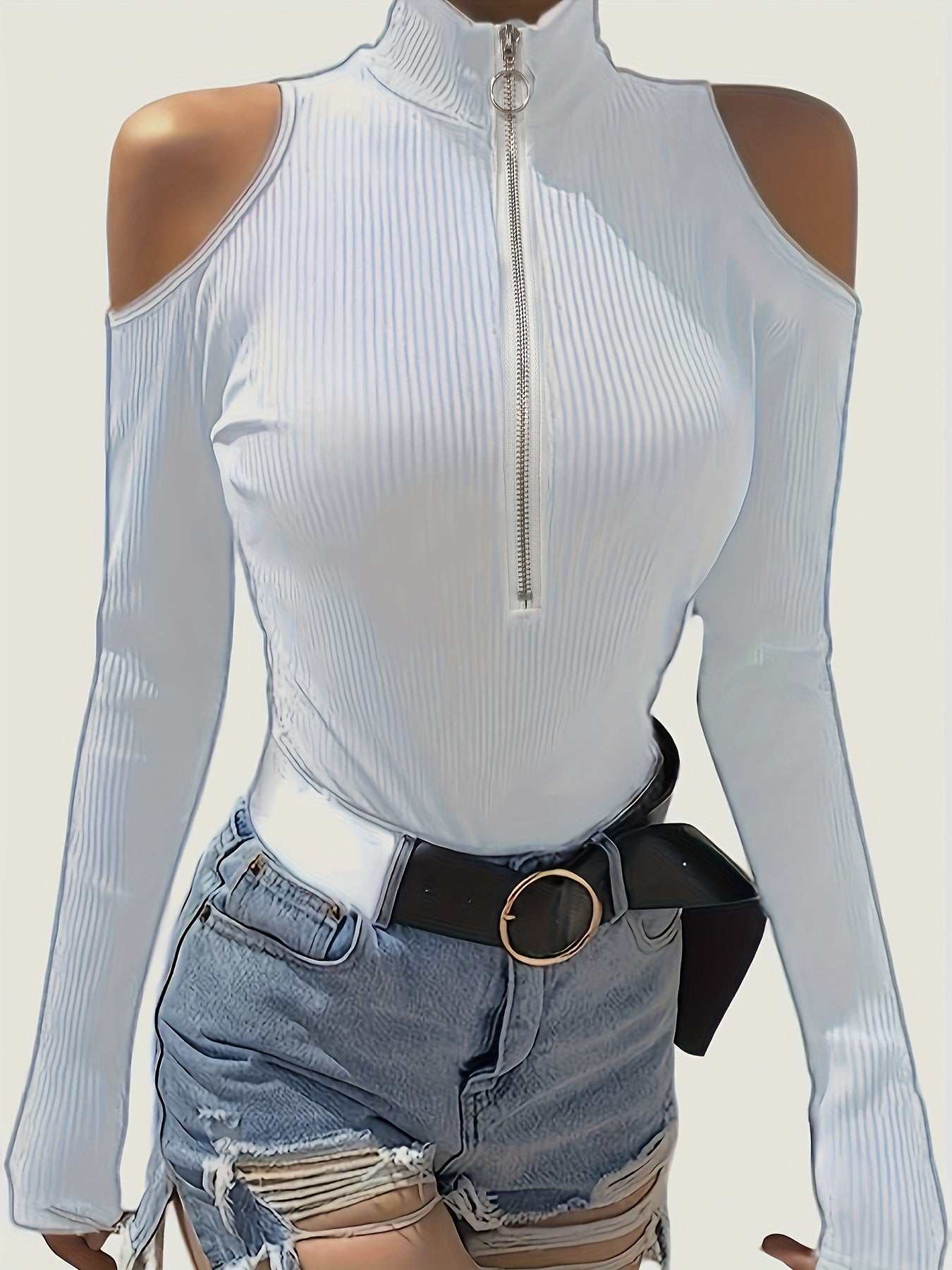 Solid Color Zip Up T-shirt, Elegant Cold Shoulder Long Sleeve Top For Spring & Fall, Women's Clothing