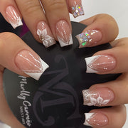 24pcs Elegant French White Glitter Flower Short Square Press-On Nails with Jelly Adhesive Tabs & Nail File - Nude & Fair Tone, Glossy Finish, Wearable Artificial Nail Set, Nail Art Decor|Floral Nail Design|Shiny Finish, Nail