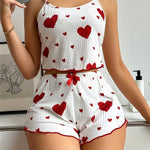 Charming Women's Heart Print Cami & Shorts Set – Cute Red & White Summer Knit Outfit with Bow Detail, Stretchy Polyester Blend