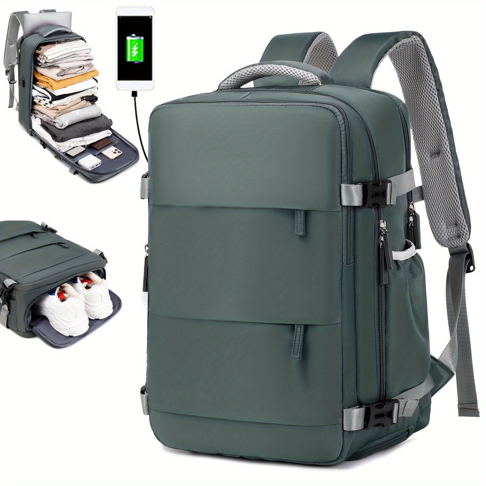 Airlines Approved Women'S Travel Backpack with Shoe Compartment, Casual Laptop Bag, Adjustable Strap, Zipper Closure, Polyester Lining, Solid Color, USB Powered - Multi-Color Options