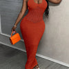 Women's Halter Neck Bodycon Dress | Semi-Sheer Knit Polyester-Spandex Blend | Backless, Sleeveless | Machine Washable & Dry Clean Safe | Casual Style with Hollow Out Design | Vibrant Orange | Ideal for Evening Events