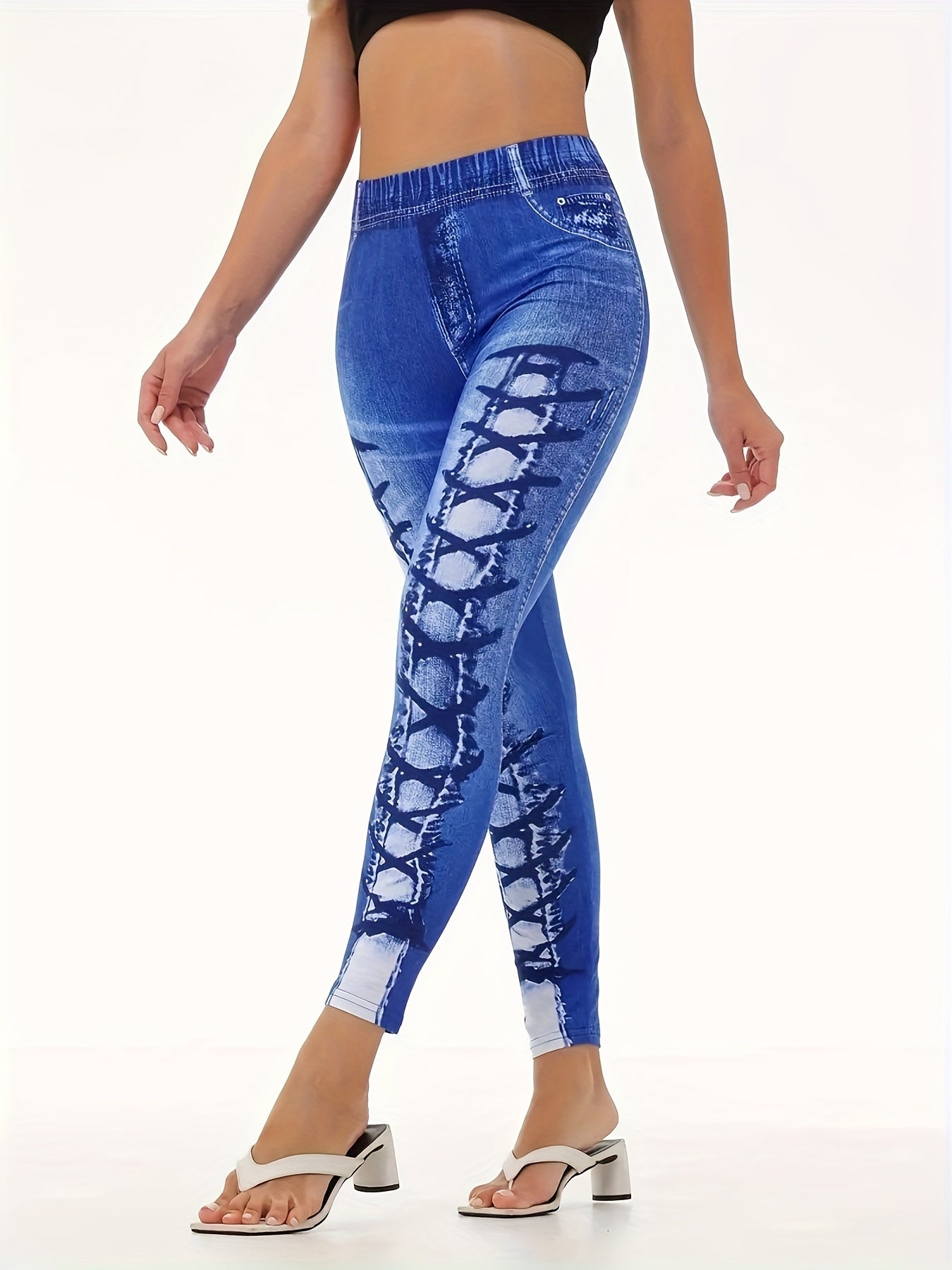 Women's High-Waist Stretch Denim-Look Leggings with 3D Ripped Print, Elastic Waistband, Faux Pockets & Buttons, Comfortable Yoga & Casual Wear for All Seasons, High-Waist Stretch Denim-Look Leggings, Allseasons Apparel, Mediu