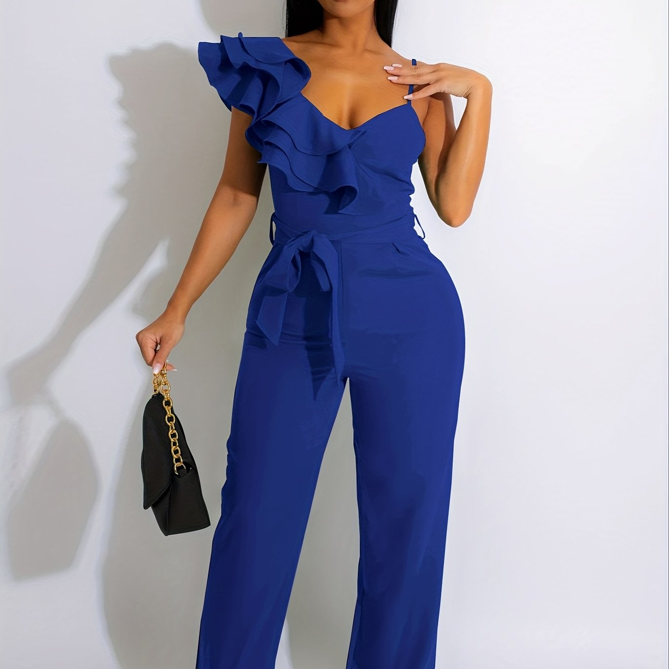 Womens Casual One Piece Jumpsuits V-Neck Sleeveless Ruffle Elegant Romper Wide Leg Pant Sexy Party Clubwear Overalls
