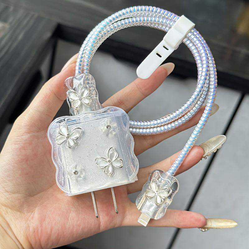 5-Piece Set 3D Cartoon Crystal Butterfly Design Charger Protector Cover Suitable for Apple 18W/20W Adapter, TPU Cable Protector Sleeve with Phone Cable Spiral Protection Accessories