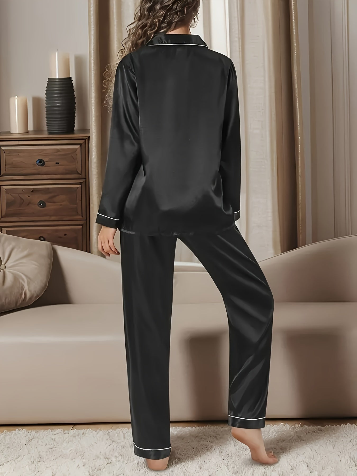 Simple Solid Satin Lounge Set, Long Sleeve Buttons Lapel Top & Elastic Pants, Women's Loungewear