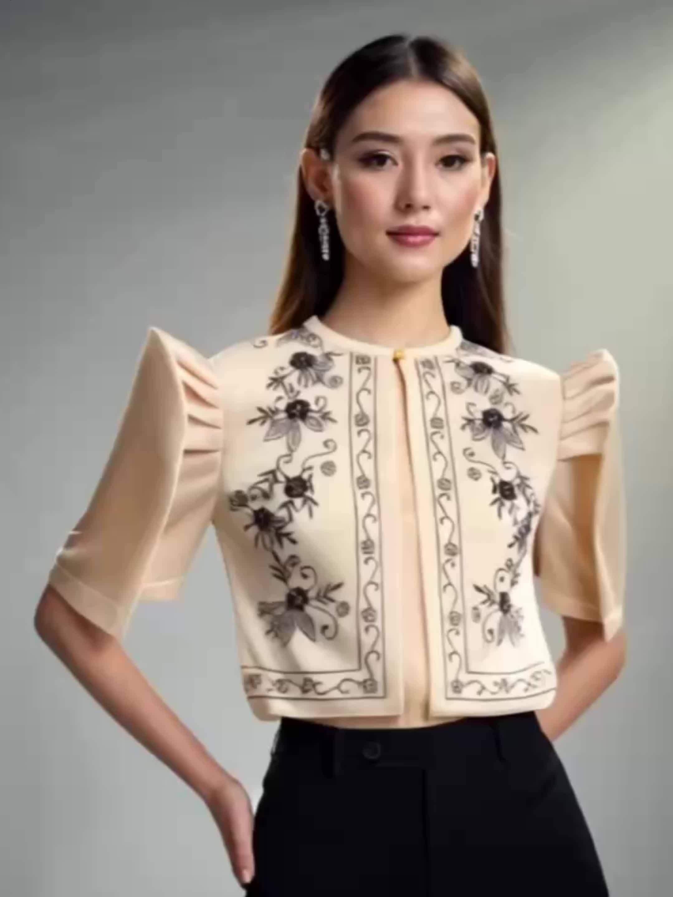 Women's Lightweight Floral Print Puff Sleeve Blouse - Semi-Sheer Round Neck Casual Chic Top for Work, Outings & Leisure | Spring Summer Machine Washable Shirt, Work Apparel | Elegant Design, Ladies Blouses