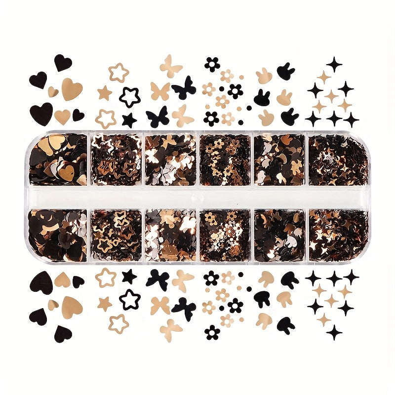 Yanyniu 12-Grid Butterfly & Floral Nail Glitter - Black, Golden & White Mix | Sparkling Rabbit & Flower Designs for Nail Art Decoration