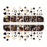 Yanyniu 12-Grid Butterfly & Floral Nail Glitter - Black, Golden & White Mix | Sparkling Rabbit & Flower Designs for Nail Art Decoration