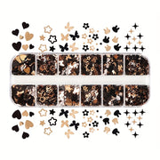 Yanyniu 12-Grid Butterfly & Floral Nail Glitter - Black, Golden & White Mix | Sparkling Rabbit & Flower Designs for Nail Art Decoration