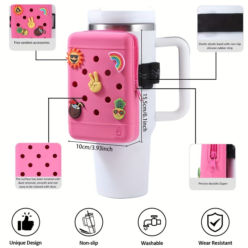 1pc Silicone Water Bottle Bag With 5 Random Stickers, Water Bottle Pouch For Quencher Adventure 40oz And Stanley IceFlow 20oz