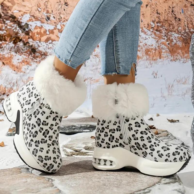 Elegant Women's Leopard Print Fashion Snow Boots with Side Zipper - Warm Fur-Lined Interior, Rubber Sole, Available in Black, Brown, Grey, and White