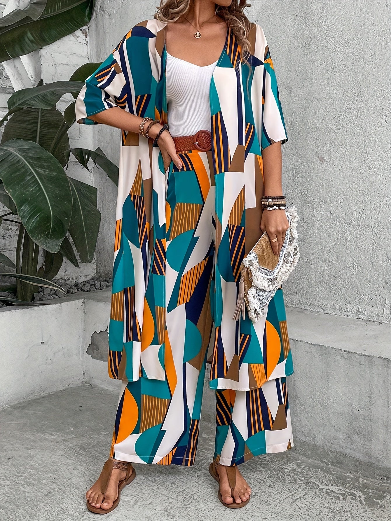 Vacation Style Geo Print Pantsuits Set, Long Length Short Sleeve Shirt & Wide Leg Pants Outfits, Women's Clothing