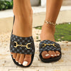 Women's Fashionable Black and White Geometric Pattern Slide Sandals with Golden-Tone Metal Buckle, Flat Heel, PU Cover Upper, Rubber Sole - Casual Summer Footwear, Flat Heel Sandals|Geometric Pattern Sandals|Durable Rubber So