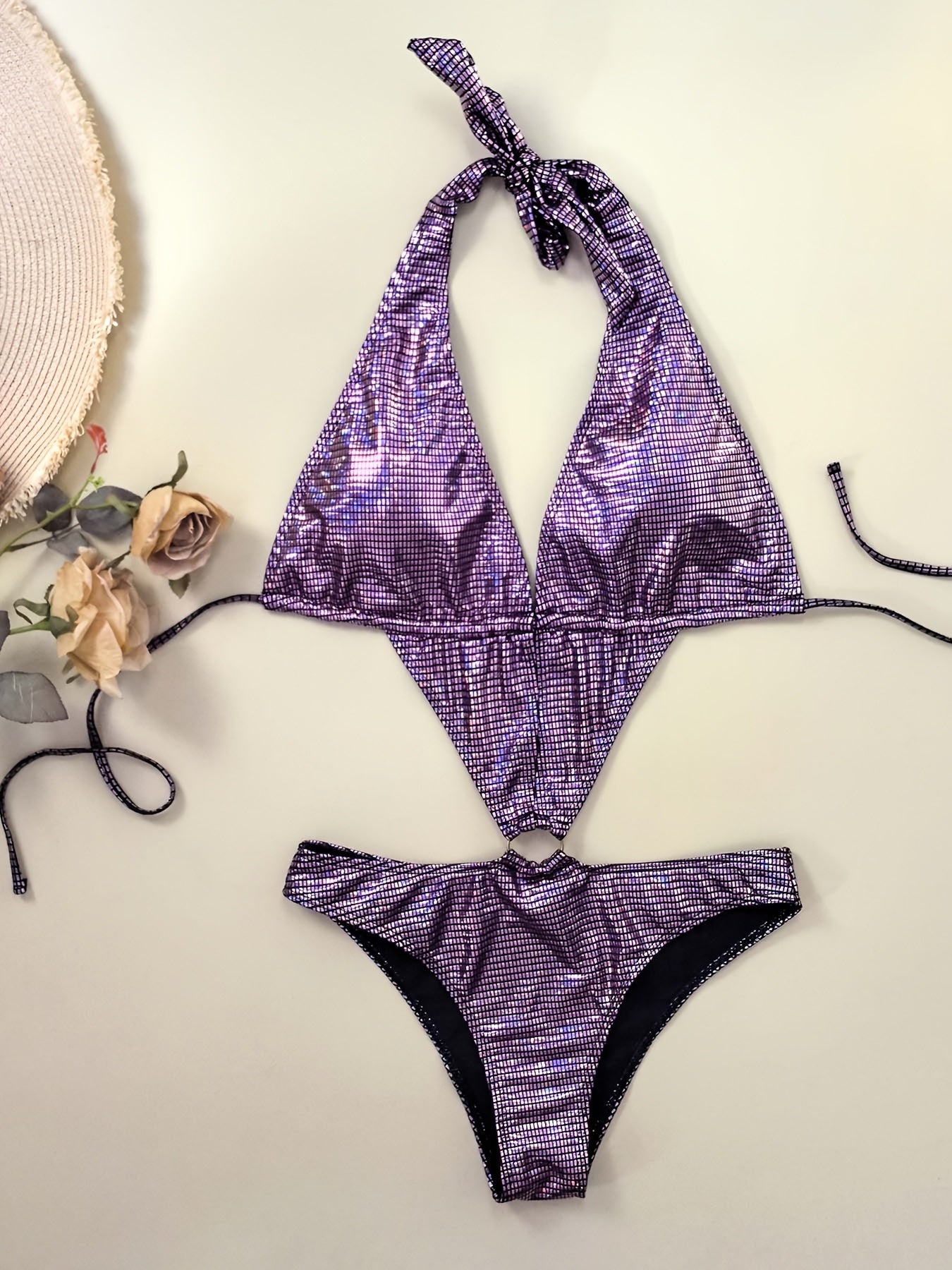 2024 New Silvery Shiny And Sexy Bikini With Round Ring Decoration For Women's Swimwear, Popular In Foreign Trade