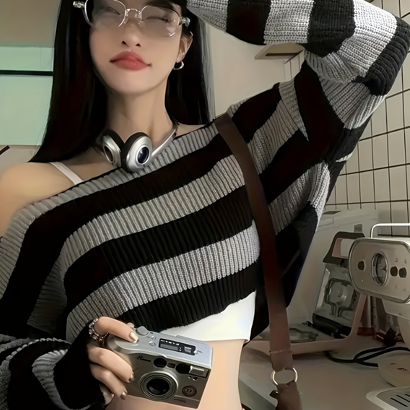 Chic Striped Crop Sweater for Women - Long Sleeve, Round Neck, Polyester Knit Pullover