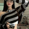 Chic Striped Crop Sweater for Women - Long Sleeve, Round Neck, Polyester Knit Pullover