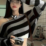 Chic Striped Crop Sweater for Women - Long Sleeve, Round Neck, Polyester Knit Pullover