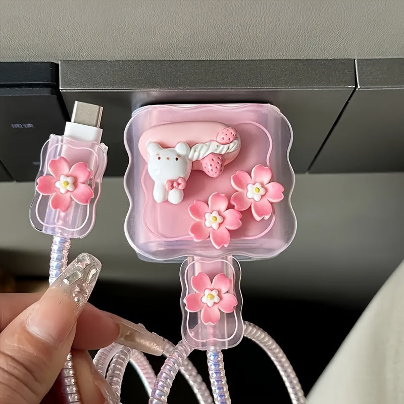 5-Pack Cute Bunny Pattern TPU Charger and Cable Protector Set, 18/20W Fast Charger Head Anti-Break Winder, Ideal Gift for Boyfriend/Girlfriend