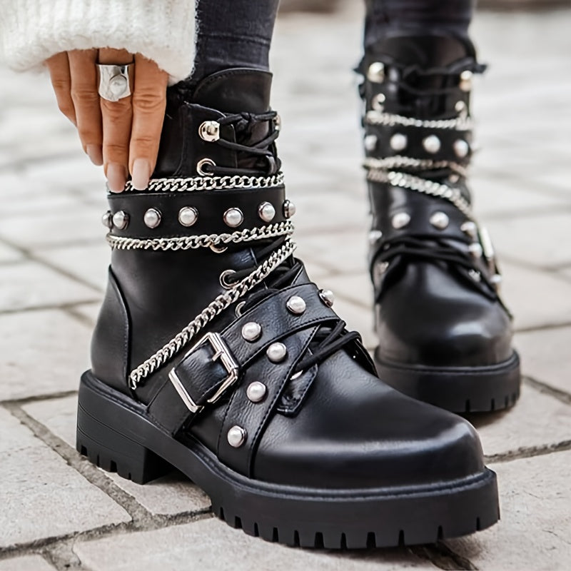 Women's Solid Color Trendy Boots, Side Zipper Comfy Platform Chain & Buckle Belt Decor Boots, Winter Gothic Round Toe Boots