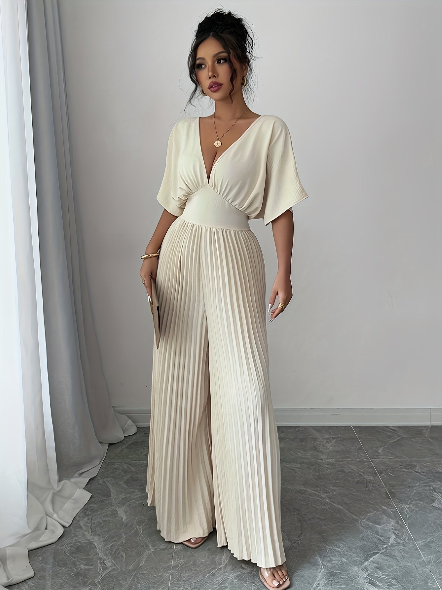 Women's Elegant Deep V-Neck Jumpsuit - Lightweight Breathable Fabric, Wide-Leg Pants, Machine Washable, Solid Color, Versatile for Casual & Formal Occasions, Allseason Apparel | Elegant Pantsuit | Stylish Jumpsuit, Ladies Jum