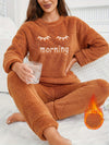 Women's Plush Pajama Set - Casual Crew Neck Long Sleeve Embroidered Alphabet Pattern - Winter Warm Teddy Fleece Lounge Sleepwear, Polyester Knit Fabric - For Women - Perfect for Cozy Nights & Relaxation - Ideal Gift for Her