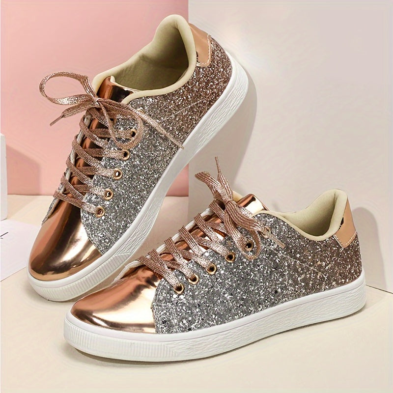 Women's Glitter Sneakers - Casual Athletic Flat Shoes, Fashionable Low Top Lace-up Fashion Skate Shoes - Plus Size - For Women - Suitable for Casual Wear, Sports & Parties - Perfect Gift for Fashionable Women