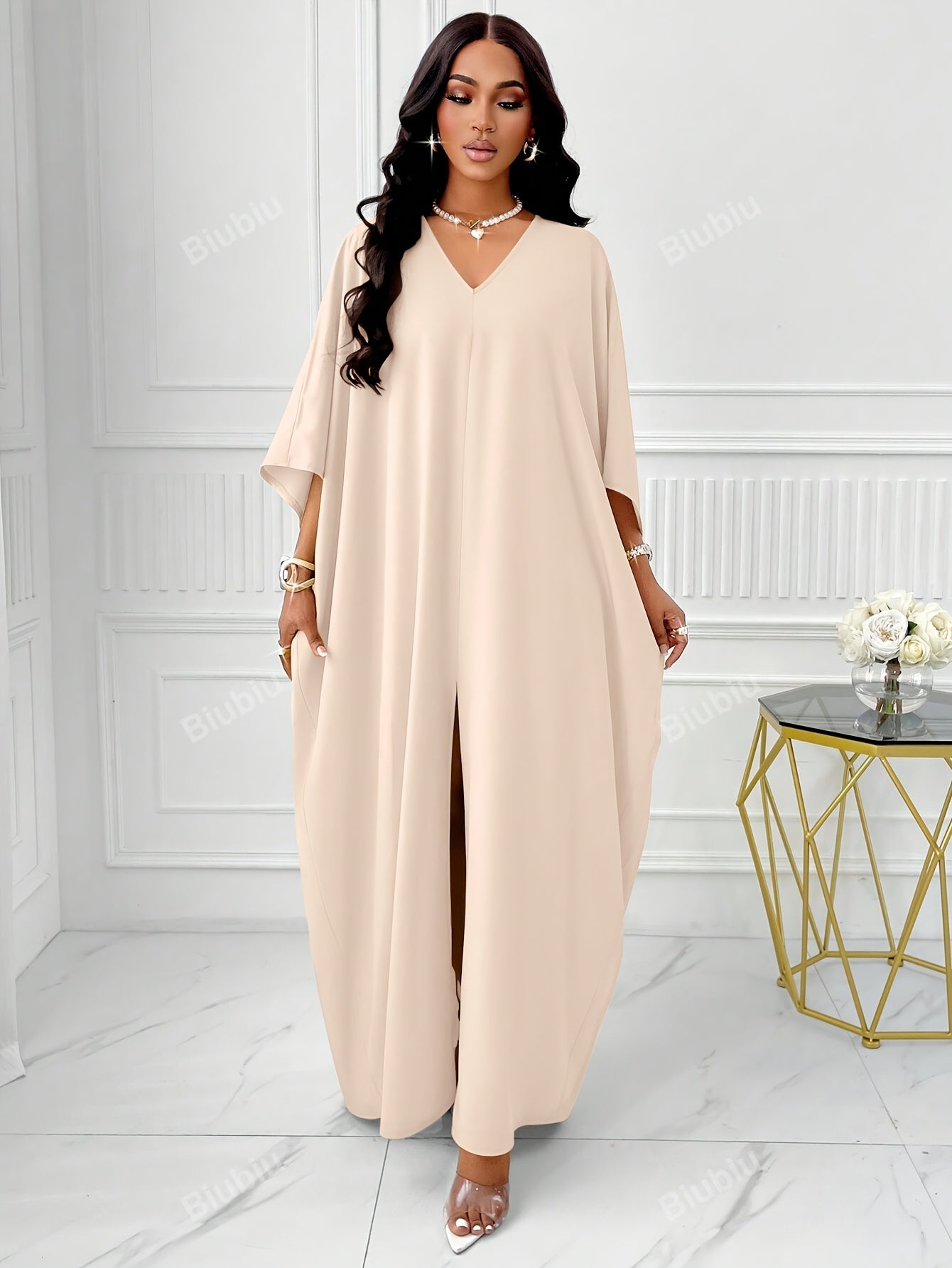 Elegant Solid Color V-Neck Cap Sleeve Side Slit Tunic Dress for Women - 100% Polyester Casual All-Season Long Dress