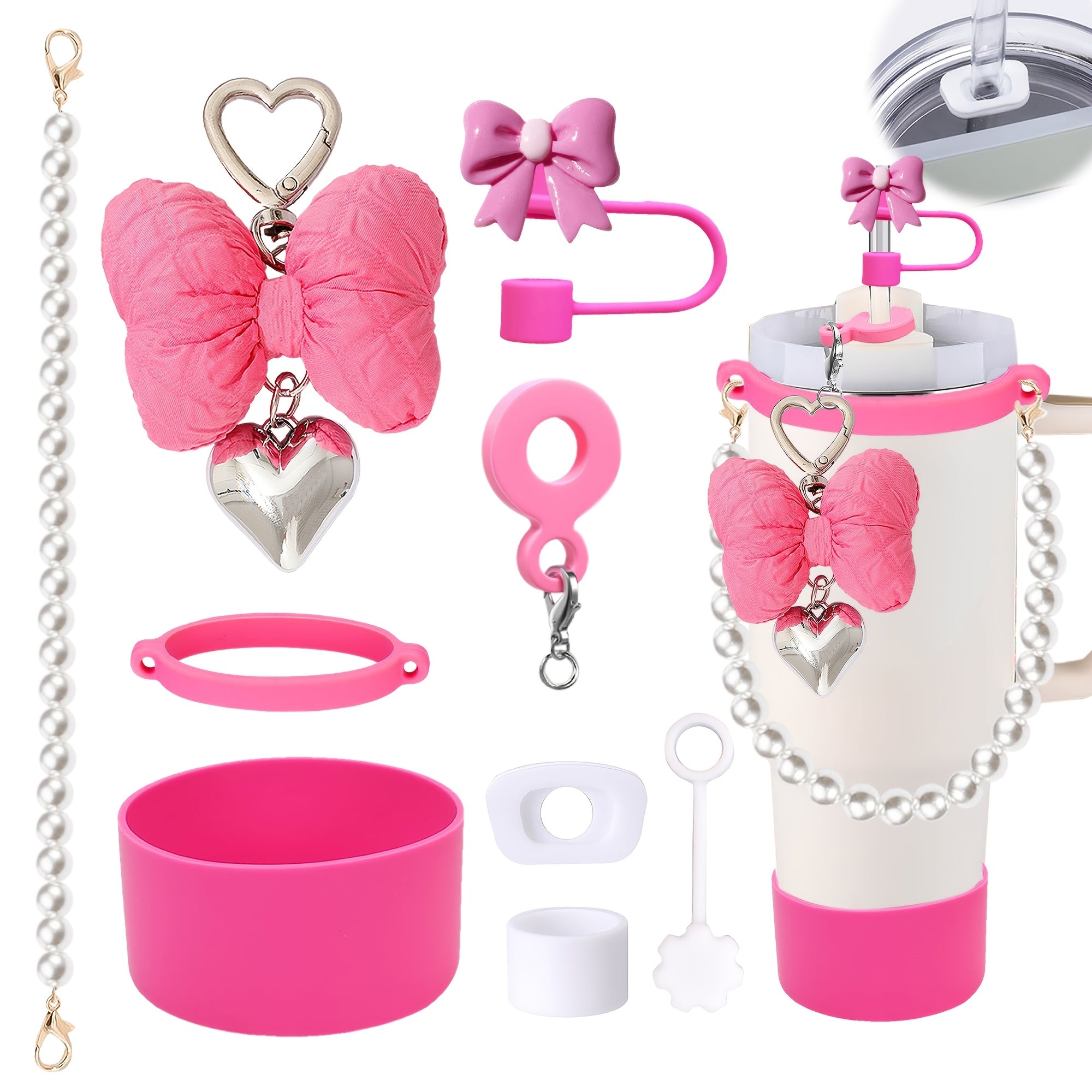 9pcs Elegant Pink & White Water Bottle Accessories Set - Pearl Embellished Straps, Resin Bows, Silicone Boot Covers, Spill-Stopper Lids for Ideal Valentine'S Day, Mother'S Day & Birthday Gifts, Water Bottle Accessories | Eleg