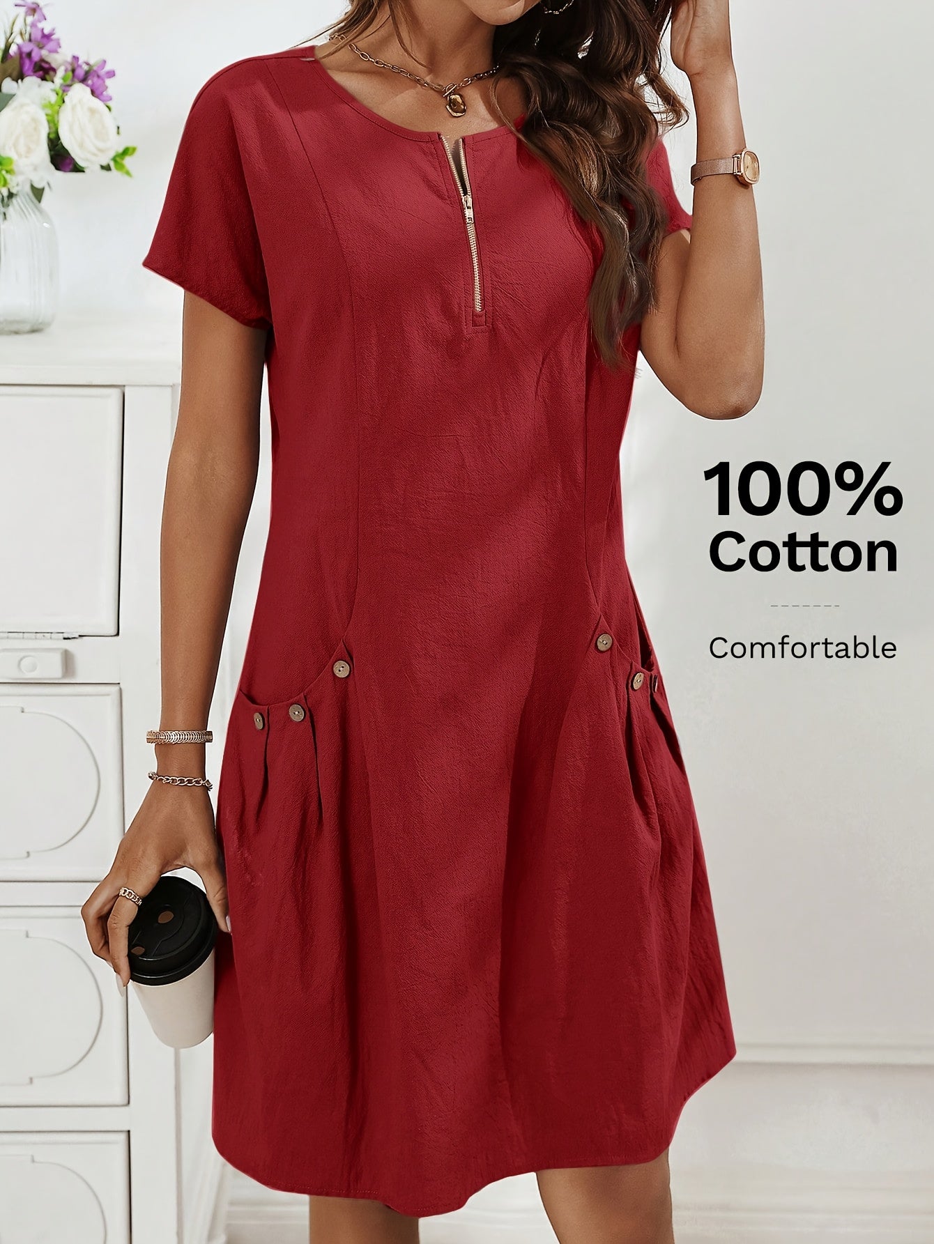 Women's Light Pink Summer Casual Dress with Zipper Half Placket, Button Decor & Double Pockets - Elegant Loose Fit for Spring/Summer, Cute Summer Dresses