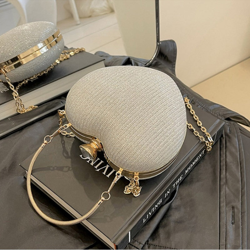 Ladies Fashion Shining Chain Crossbody Bag, Elegant Shoulder Heart Shaped, Metal Embellished, Black, with Buckle Closure, for Party, Wedding, Date