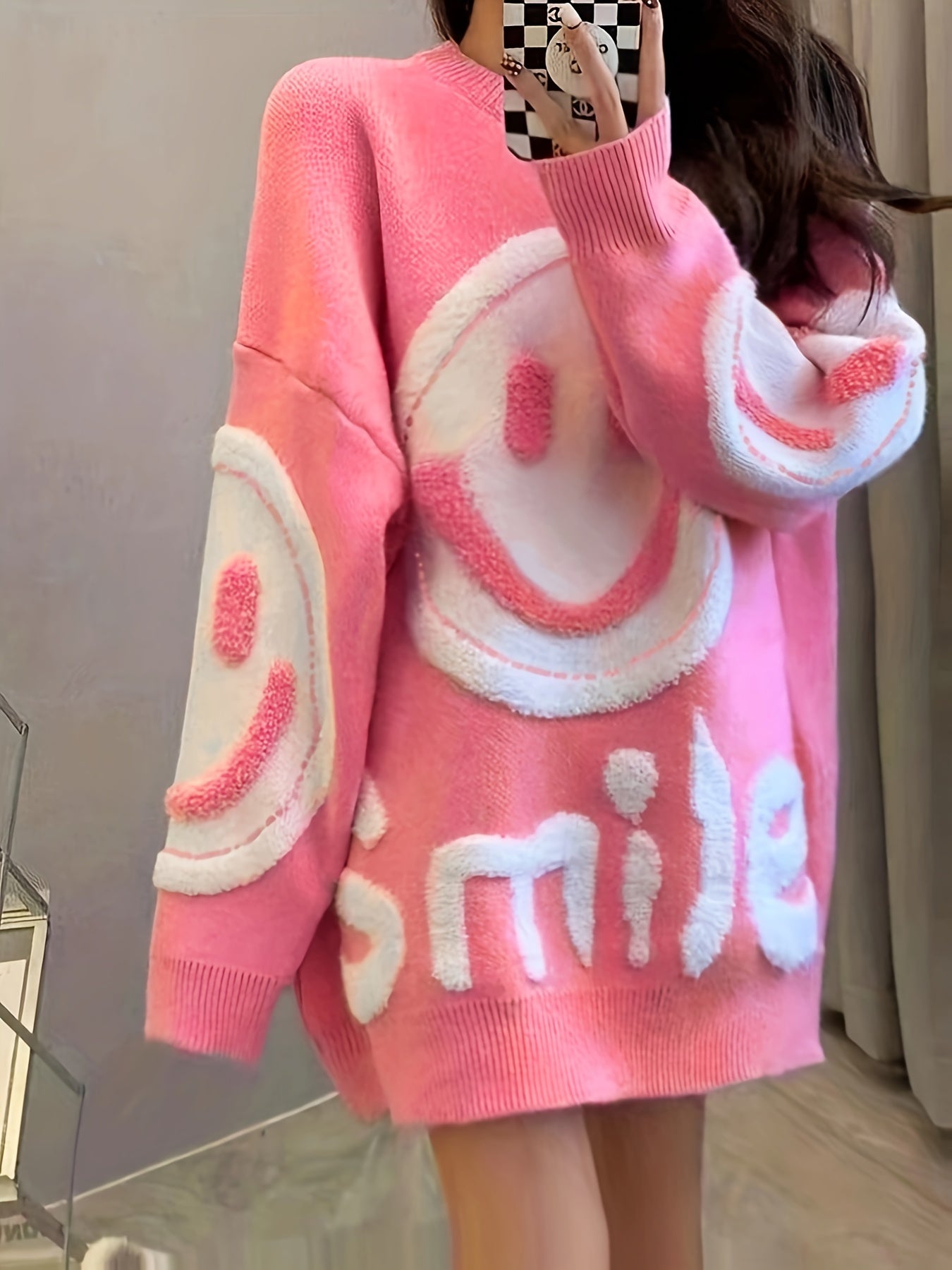 Chic joyful Face Jacquard Sweater for Women - Cozy Long Sleeve Crew Neck Pullover, Perfect for Fall/Winter - Soft & Warm - For Women - Suitable for Fall/Winter - Great Gift for Birthday & Holidays