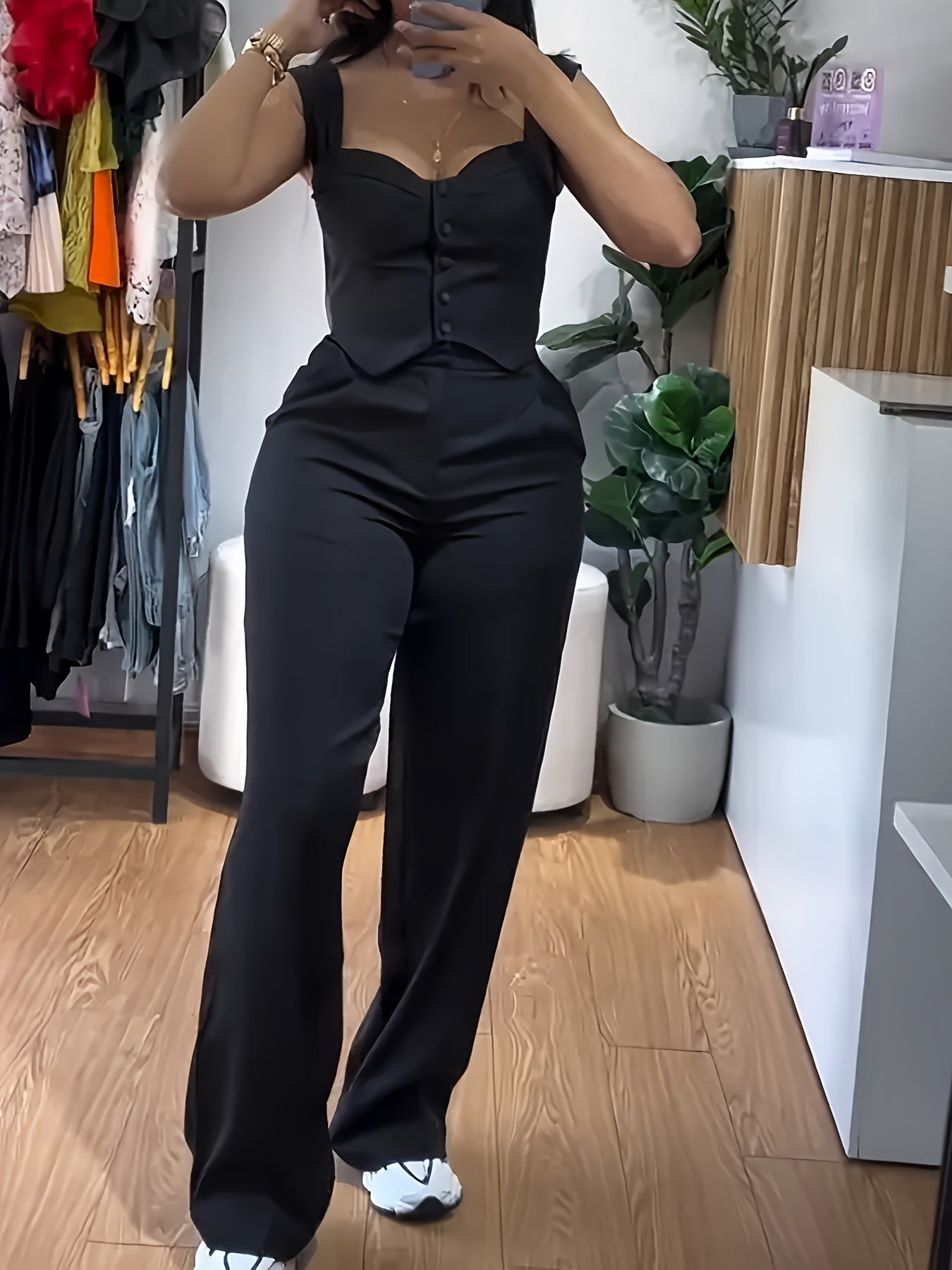 Casual Wide-Leg Long Pants Set for Women with a Tailored Vest.