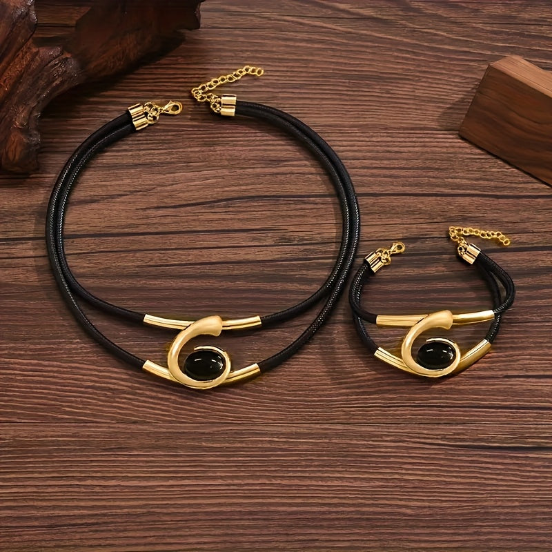 2pcs Bohemian Style Necklace And Bracelet Set Double Black Cord Design Fashion Jewelry Set for Women Party Accessory Perfect Gift