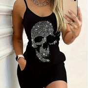 Elegant Women'S Off-Shoulder Slingback Dress with Rhinestone Skull and Kangaroo Pocket Detail, Black Sleeveless A-Line Summer Dress for Adults, Elegant Outfit|Sleek Fitted Dress|Sparkling Details, Strapless Design, Rhinestone