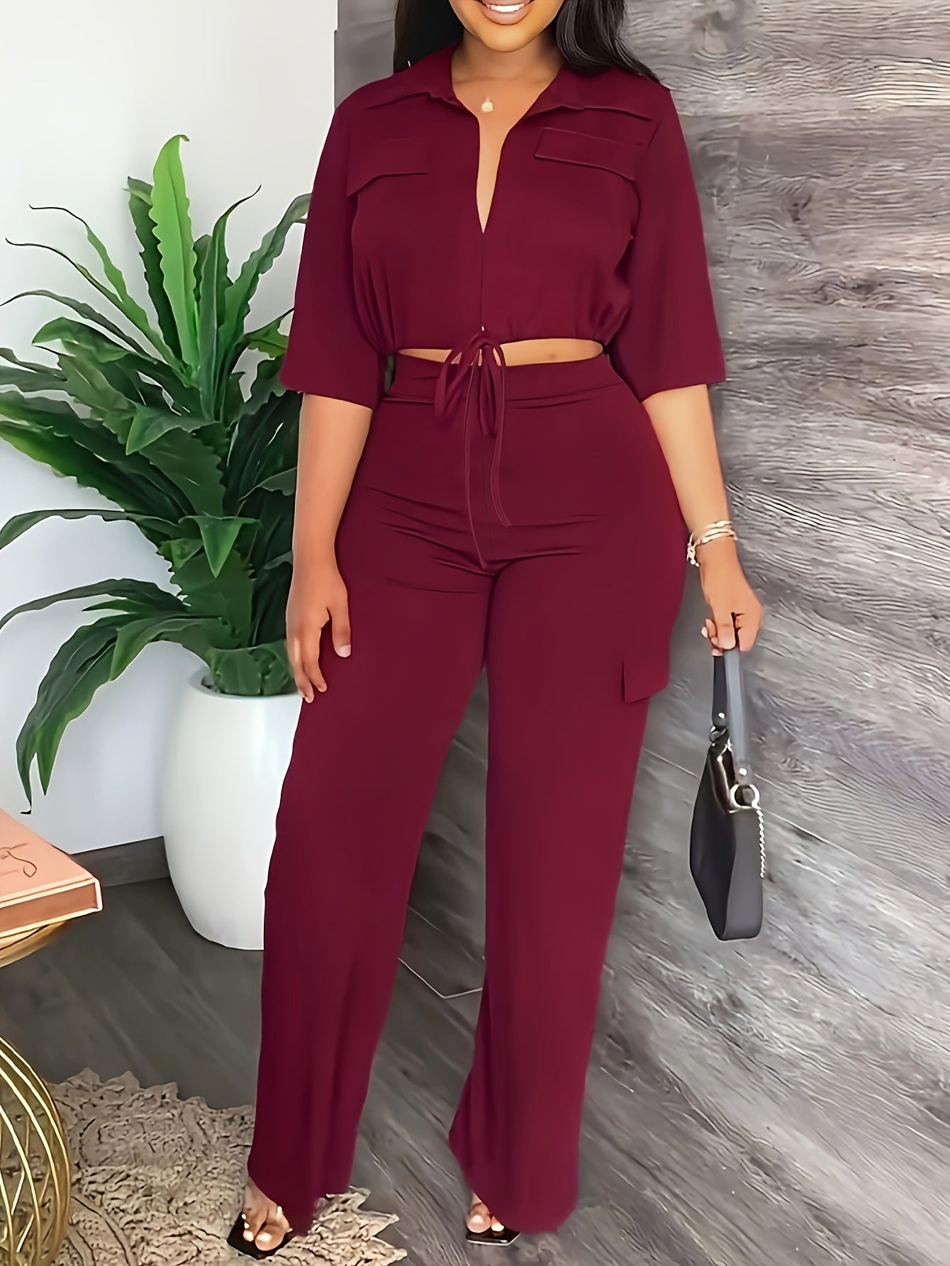 [Elegant Women's Outfit] Elegant Women's Outfit - High-Waisted Straight-Leg Pants with Drawstring Hem - Allseason Outfit, Glossy Fabric, European And American Style