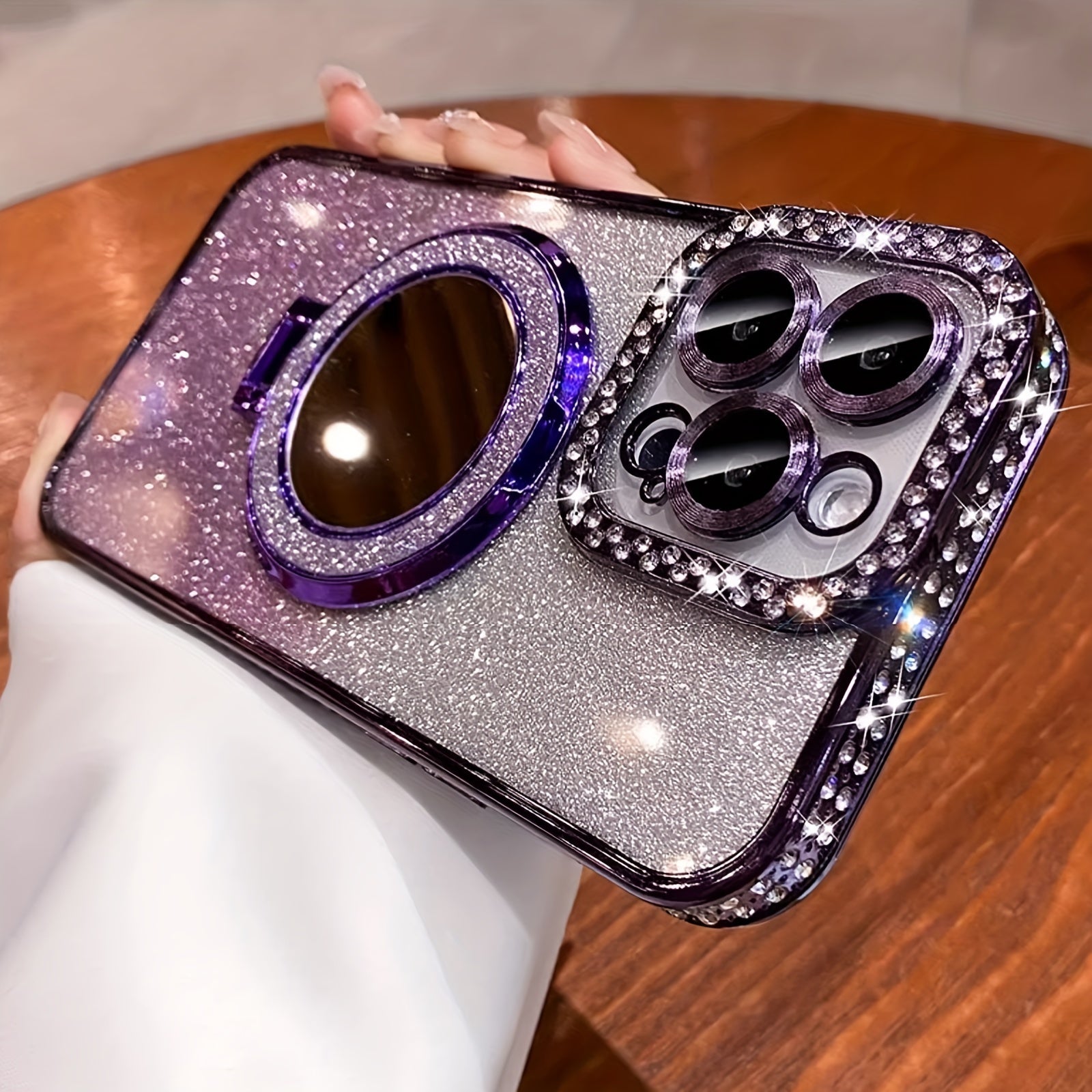 New Luxury Premium Flash Double Row Diamond Mirror Magnetic Stand Full Lens Phone Case for Apple iPhone 16 15 Promax 14 Plus 13 Pro 12 11 Pro Max/Niche Transparent Anti-drop Soft Adhesive Protection Back Cover/boyfriend And G