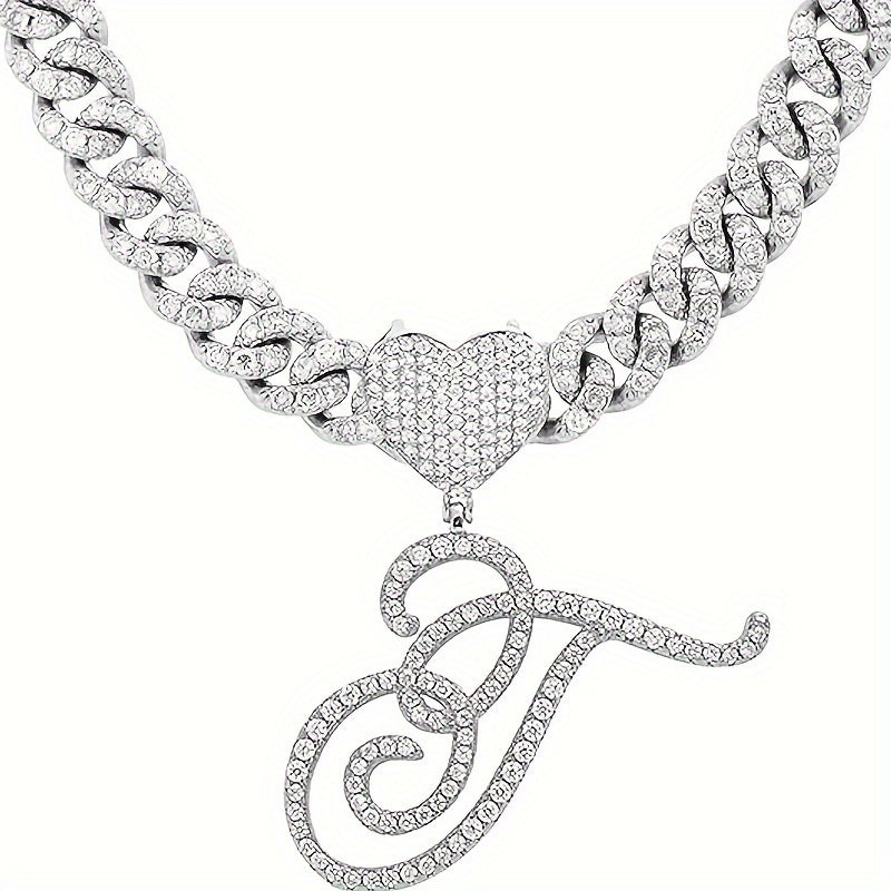 Silvery Cuban Link Necklace - Heart-shaped Alphabet Pendant on Ice Chain - Unisex Hip-hop Jewelry Gift