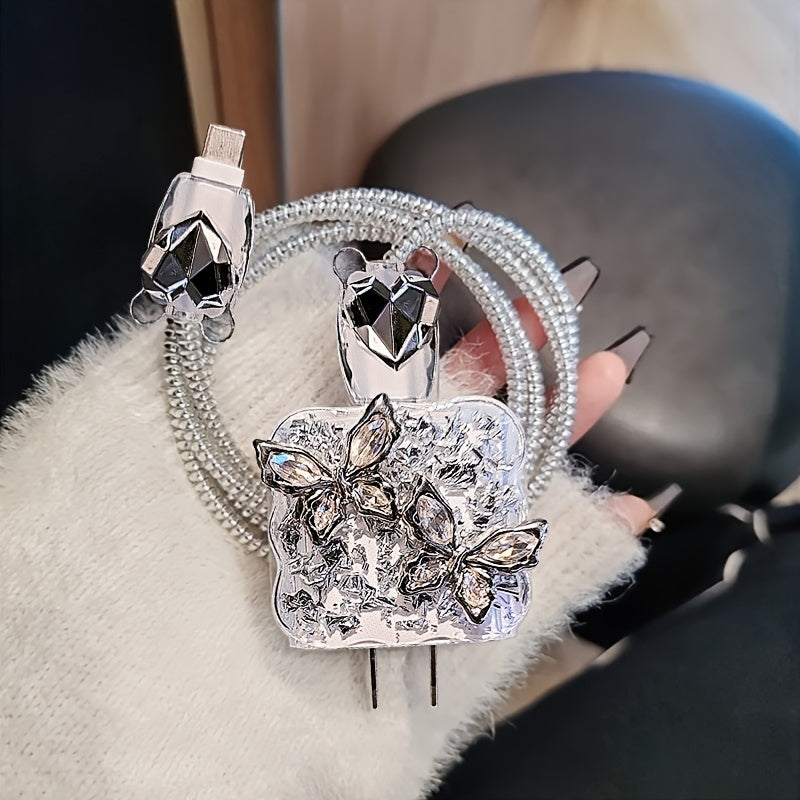 5pcs Sparkling Diamond Butterfly iPhone Charging Protector Set, Luxury for iPhone13/12/11 Charger Winder 18/20W Fast Charging Head Anti-Breakage Winder, Boyfriend/Girlfriend Gift