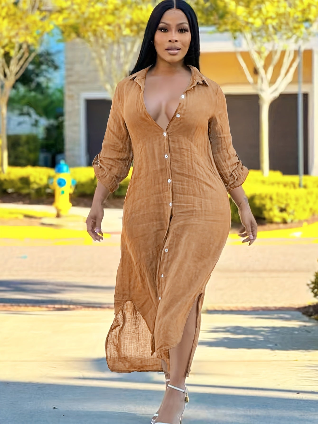 1pc Women'S Casual Solid Color Long Shirt Dress, Polyester Knit Fabric, Lapel Collar, Fitted Style, Spring/Fall Season - SS391137