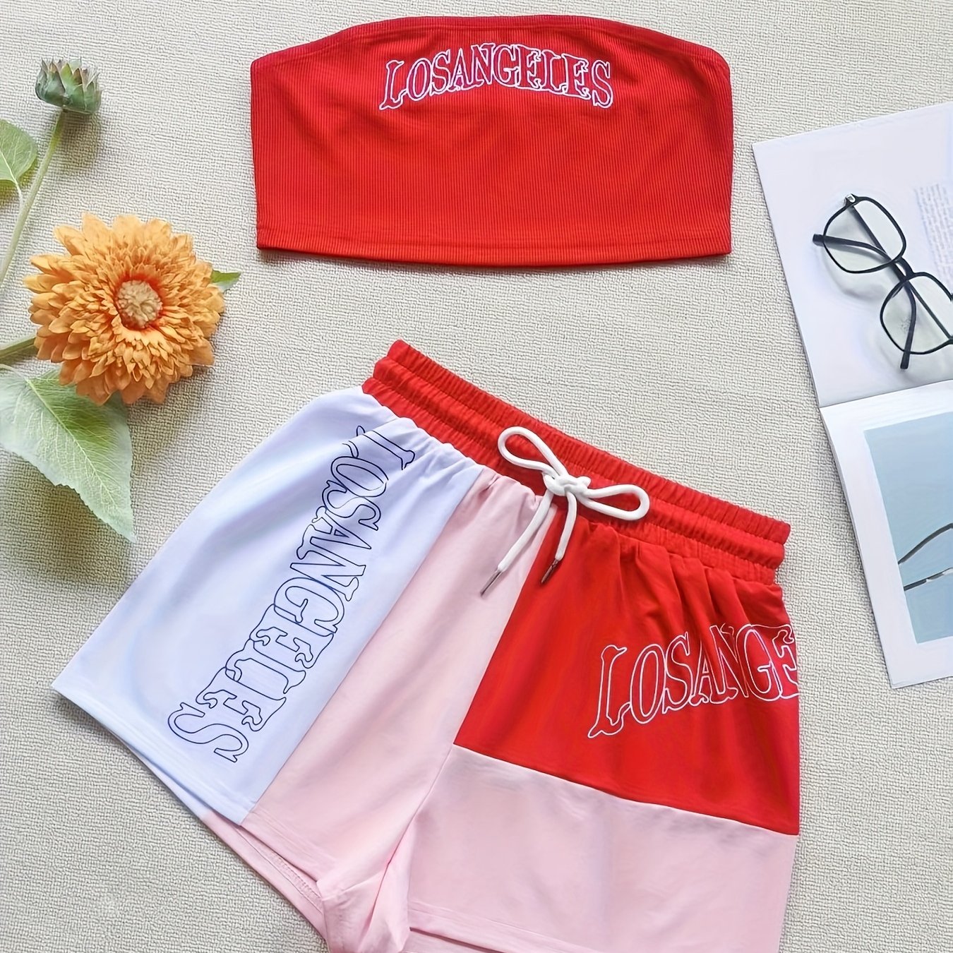 Women'S Stylish Casual Printed Color-Blocked Shorts And Strapless Two-Piece Set