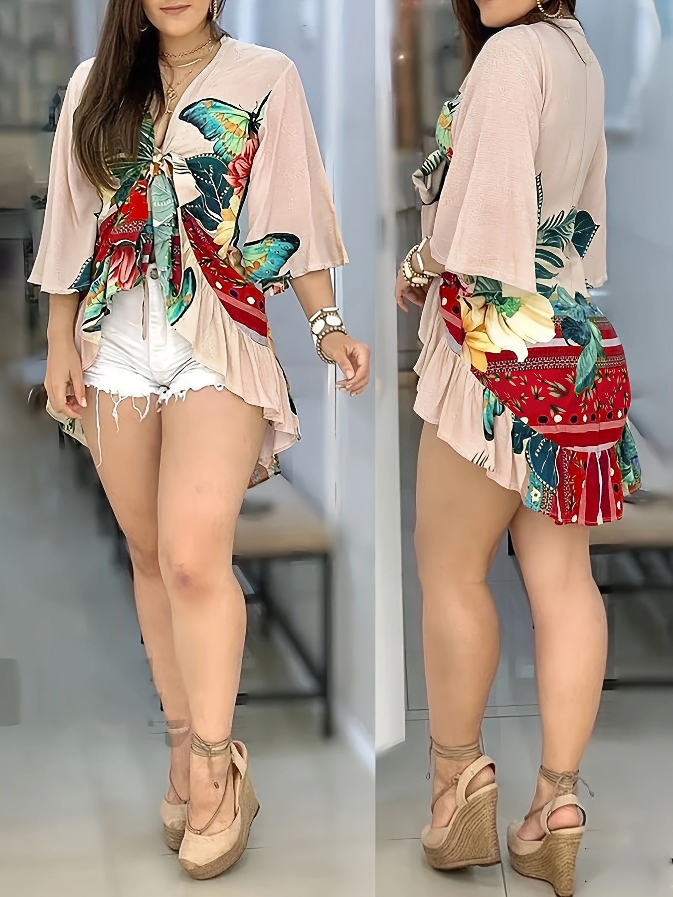 Elegant Women's Butterfly Print V-Neck Blouse - Lightweight Polyester Summer Shirt with Floral Design, Machine Washable, Perfect for Casual or Semi-Formal Occasions, Elegant Long Sleeve Button Blouses